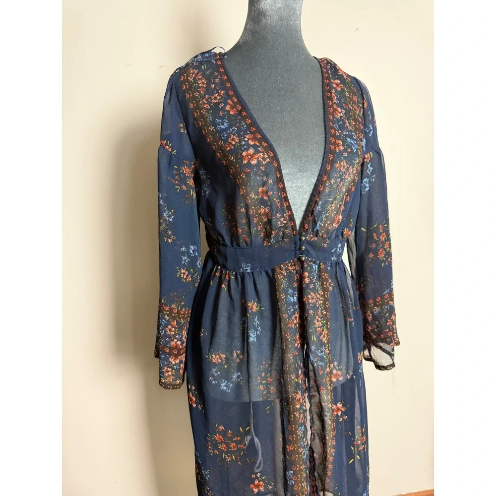 Tantrums Navy Floral Sheer Duster Dress Cardigan Boho Chiffon Kimono Small boho - Picture 3 of 6